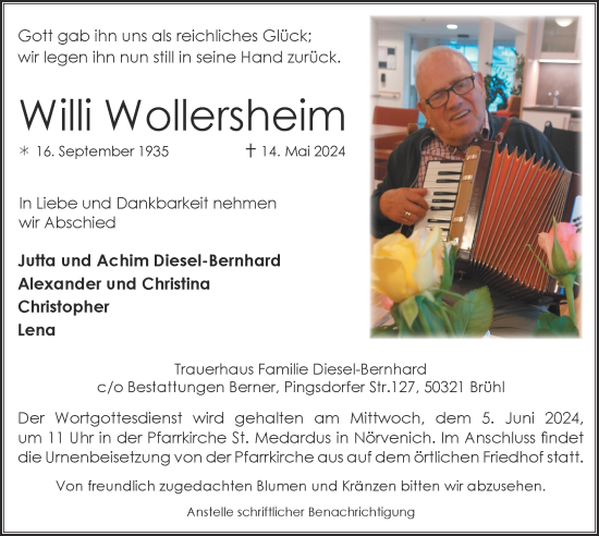 Traueranzeige von Willi Wollersheim von Zeitung am Sonntag