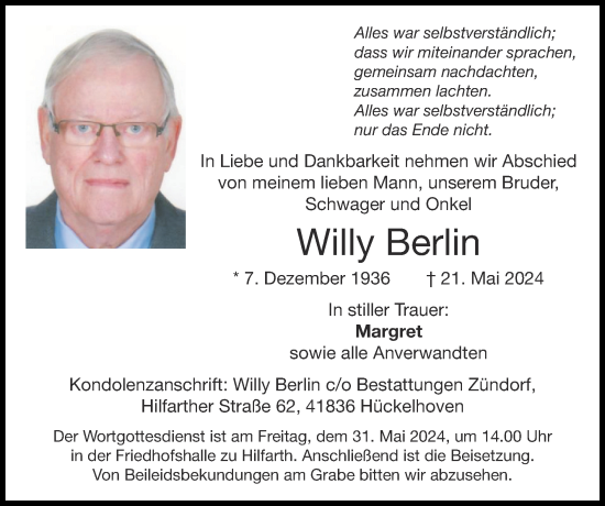 Traueranzeige von Willy Berlin von Zeitung am Sonntag