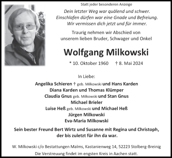 Traueranzeige von Wolfgang Milkowski von Zeitung am Sonntag