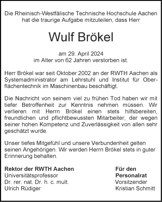 Traueranzeige von Wulf Brökel von Aachener Zeitung