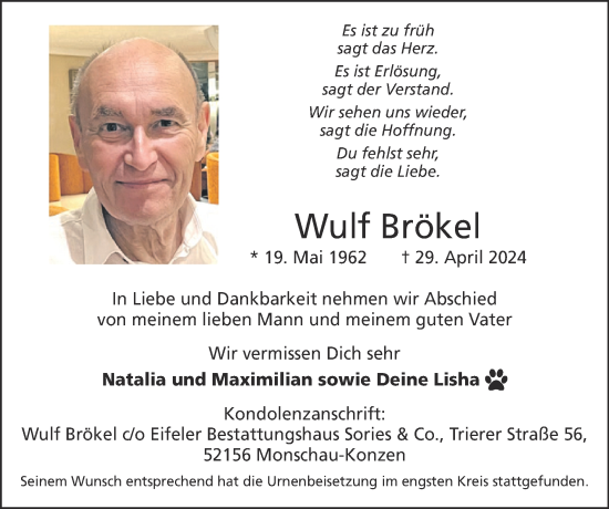 Traueranzeige von Wulf Brökel von Zeitung am Sonntag