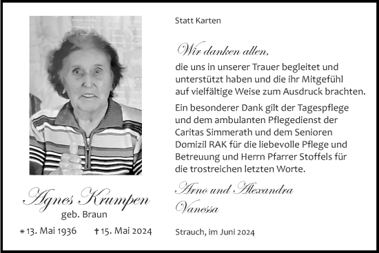 Traueranzeige von Agnes Krumpen von Zeitung am Sonntag