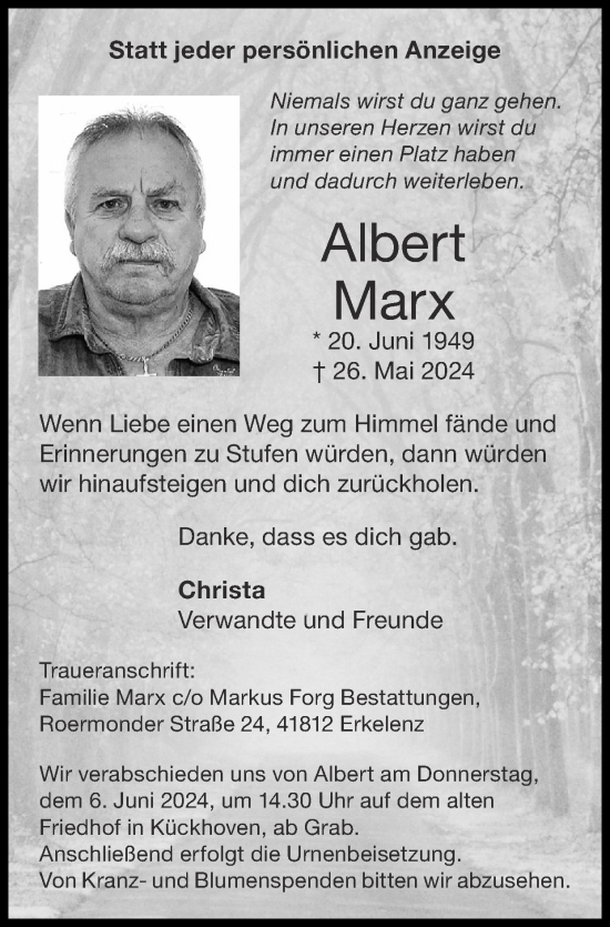 Traueranzeige von Albert Marx von Zeitung am Sonntag