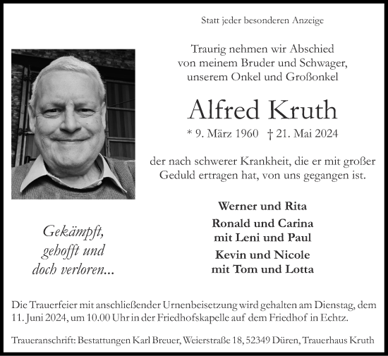 Traueranzeige von Alfred Kruth von Zeitung am Sonntag