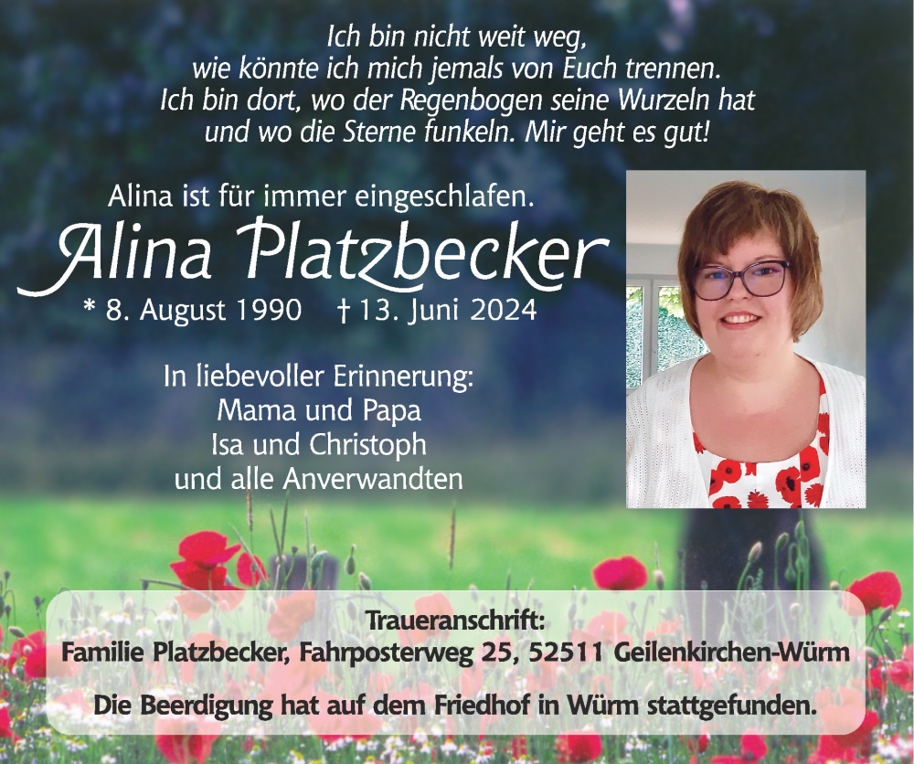  Traueranzeige für Alina Platzbecker vom 23.06.2024 aus Zeitung am Sonntag