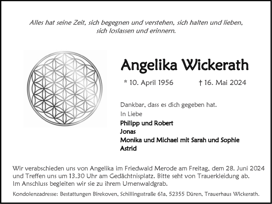 Traueranzeige von Angelika Wickerath von Zeitung am Sonntag