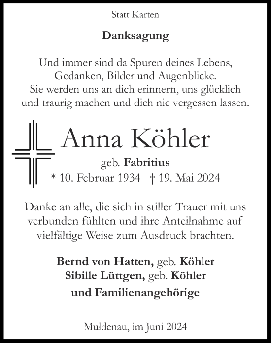 Traueranzeige von Anna Köhler von Zeitung am Sonntag