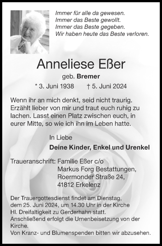 Traueranzeige von Anneliese Eßer von Zeitung am Sonntag