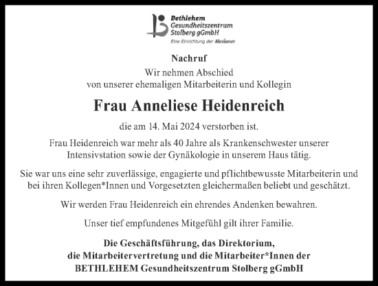 Traueranzeige von Anneliese Heidenreich von Zeitung am Sonntag