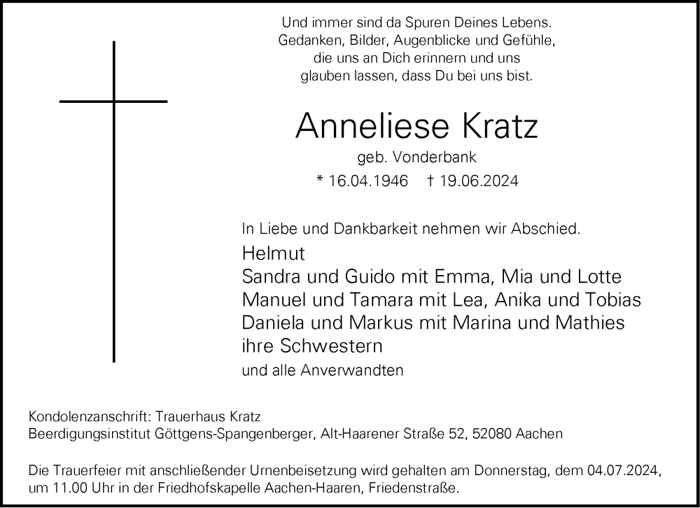  Traueranzeige für Anneliese Kratz vom 29.06.2024 aus Aachener Zeitung
