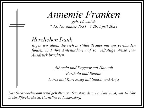 Traueranzeige von Annemie Franken von Zeitung am Sonntag