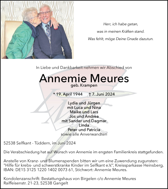Traueranzeige von Annemie Meures von Zeitung am Sonntag