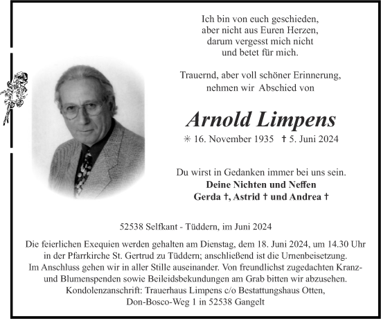 Traueranzeige von Arnold Limpens von Zeitung am Sonntag