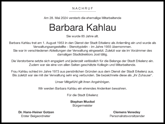 Traueranzeige von Barbara Kahlau von Zeitung am Sonntag