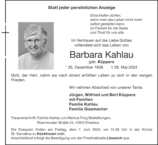 Traueranzeige von Barbara Kahlau von Zeitung am Sonntag