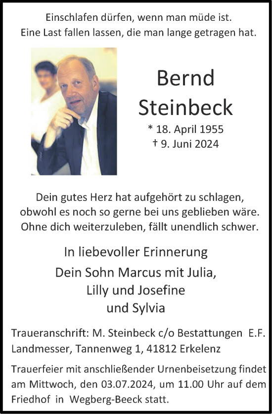 Traueranzeige von Bernd Steinbeck von Zeitung am Sonntag