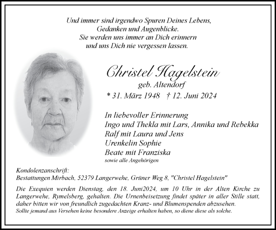 Traueranzeige von Christel Hagelstein von Zeitung am Sonntag