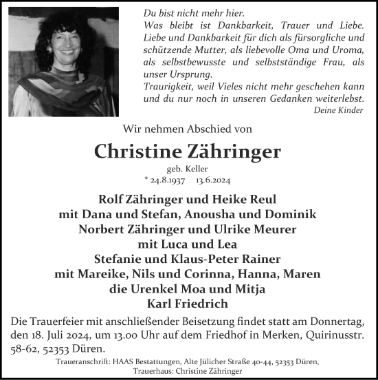 Traueranzeige von Christine Zähringer von Zeitung am Sonntag