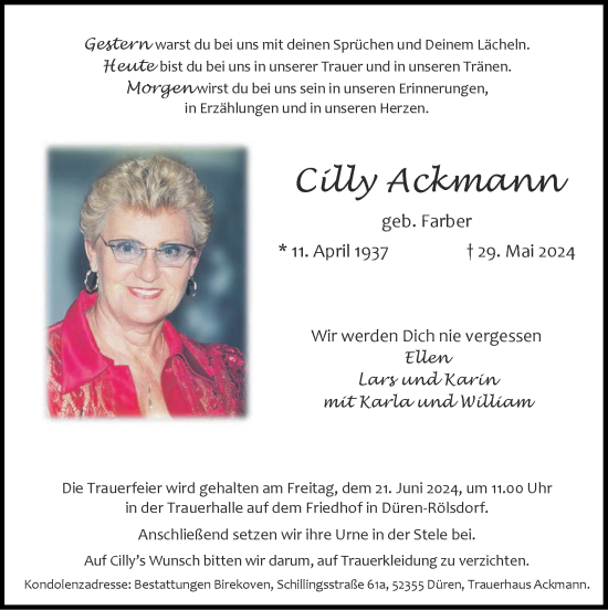 Traueranzeige von Cilly Ackmann von Zeitung am Sonntag