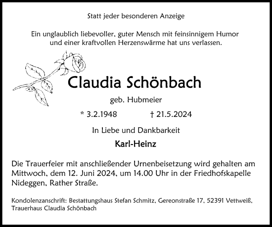 Traueranzeige von Claudia Schönbach von Zeitung am Sonntag