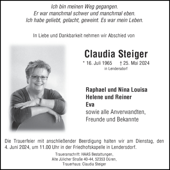 Traueranzeige von Claudia Steiger von Zeitung am Sonntag
