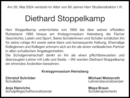 Traueranzeige von Diethard Stoppelkamp von Zeitung am Sonntag