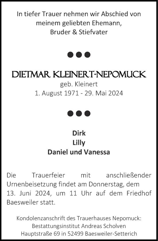 Traueranzeige von Dietmar Kleinert-Nepomuck von Zeitung am Sonntag