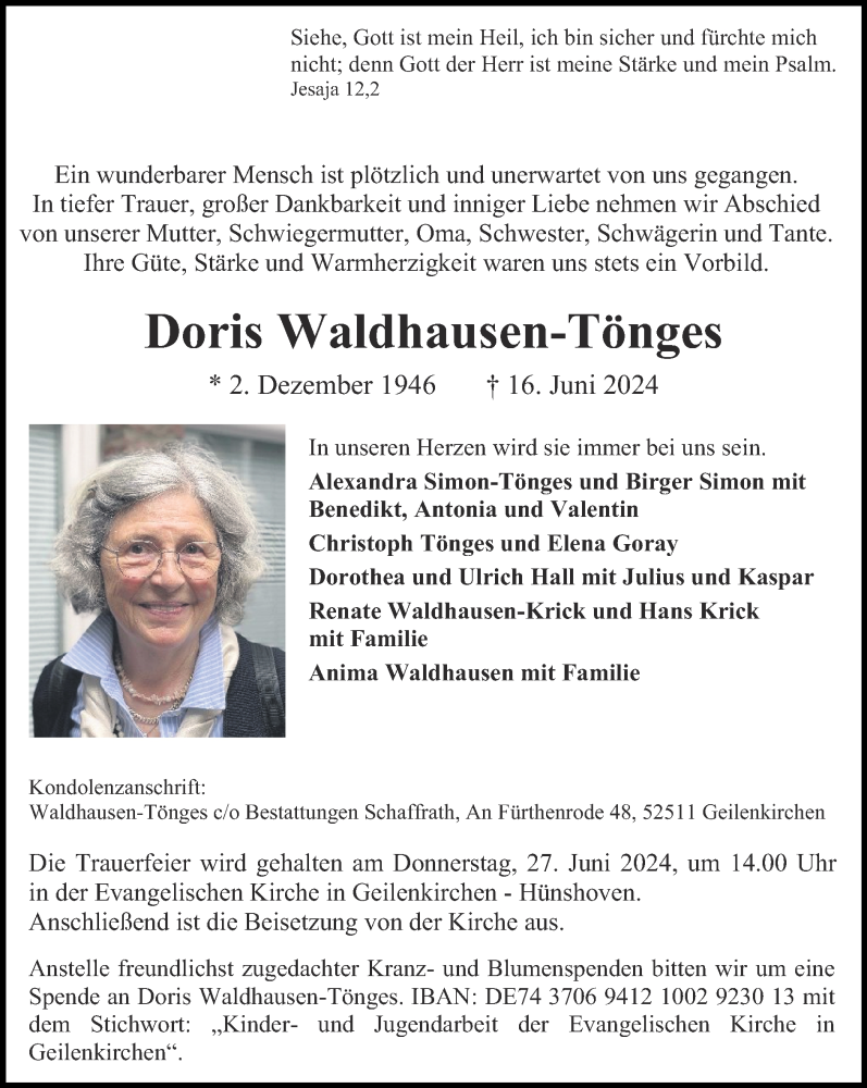 Traueranzeige für Doris Waldhausen-Tönges vom 23.06.2024 aus Zeitung am Sonntag
