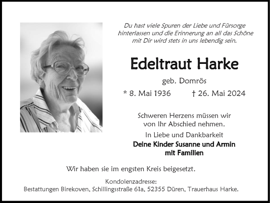 Traueranzeige von Edeltraut Harke von Zeitung am Sonntag
