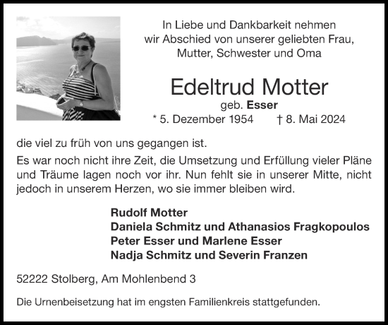 Traueranzeige von Edeltrud Motter von Zeitung am Sonntag