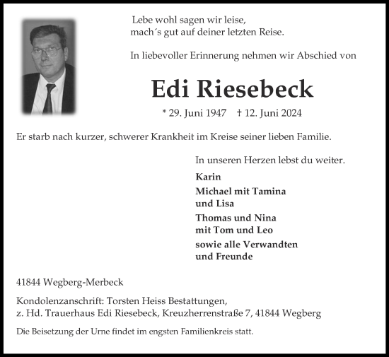 Traueranzeige von Edi Riesebeck von Zeitung am Sonntag