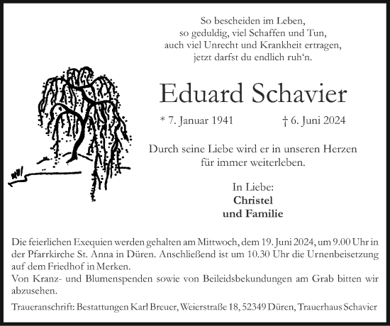 Traueranzeige von Eduard Schavier von Zeitung am Sonntag