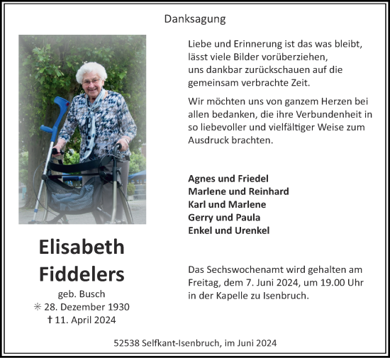 Traueranzeige von Elisabeth Fiddelers von Zeitung am Sonntag