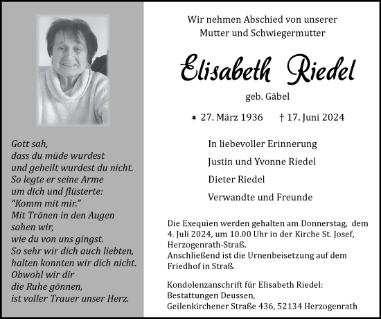 Traueranzeige von Elisabeth Riedel von Zeitung am Sonntag
