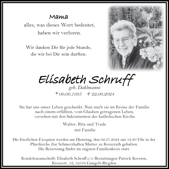 Traueranzeige von Elisabeth Schruff von Aachener Zeitung