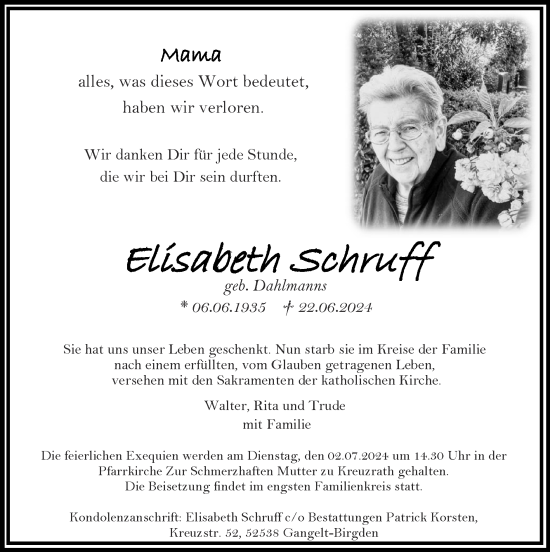Traueranzeige von Elisabeth Schruff von Zeitung am Sonntag