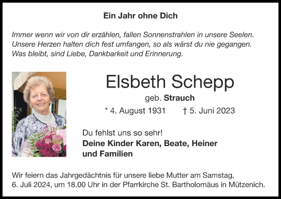 Traueranzeige von Elsbeth Schepp von Zeitung am Sonntag