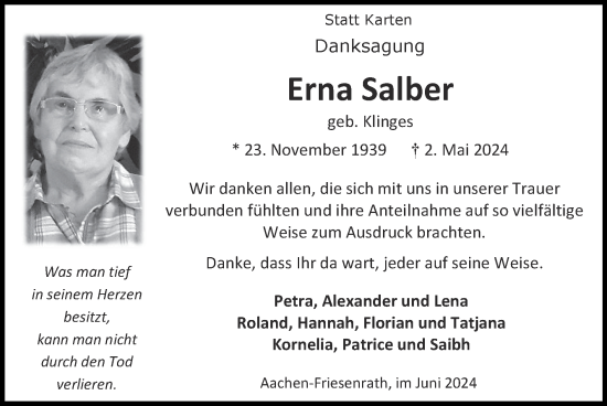 Traueranzeige von Erna Salber von Zeitung am Sonntag