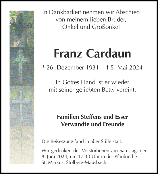 Traueranzeige von Franz Cardaun von Aachener Zeitung