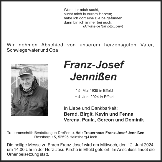 Traueranzeige von Franz-Josef Jennißen von Zeitung am Sonntag