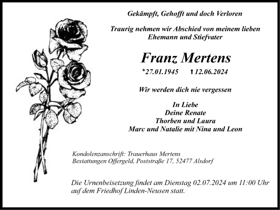 Traueranzeige von Franz Mertens von Zeitung am Sonntag