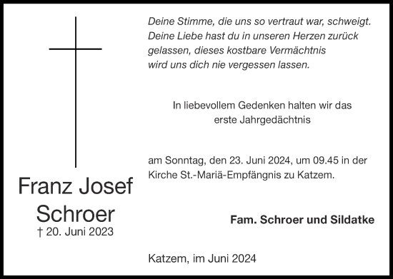 Traueranzeige von Franz Josef Schroer von Zeitung am Sonntag