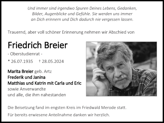 Traueranzeige von Friedrich Breier von Zeitung am Sonntag