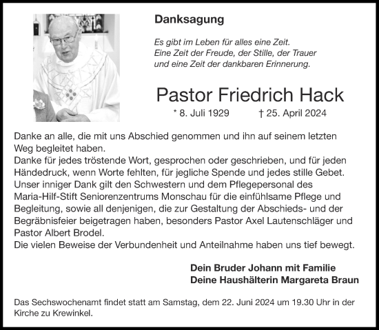 Traueranzeige von Friedrich Hack von Aachener Zeitung