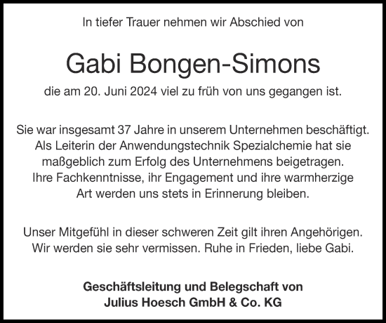 Traueranzeige von Gabi Bongen-Simons von Zeitung am Sonntag
