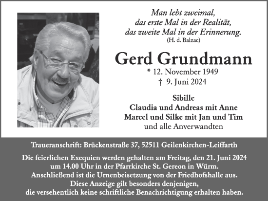 Traueranzeige von Gerd Grundmann von Zeitung am Sonntag