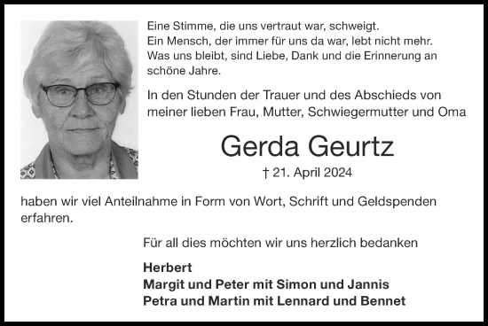 Traueranzeige von Gerda Geurtz von Zeitung am Sonntag