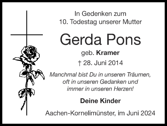 Traueranzeige von Gerda Pons von Zeitung am Sonntag