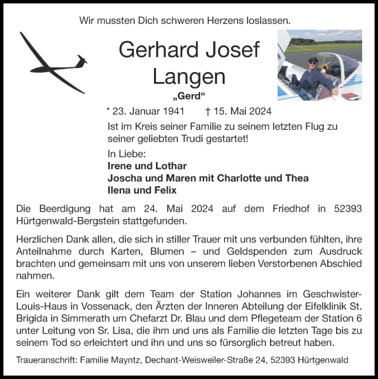 Traueranzeige von Gerhard Josef Langen von Zeitung am Sonntag
