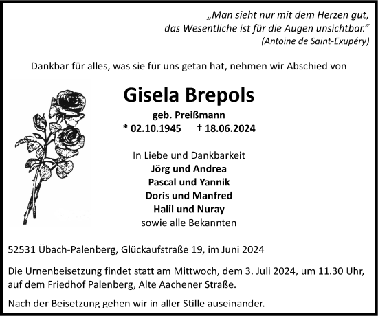 Traueranzeige von Gisela Brepols von Zeitung am Sonntag